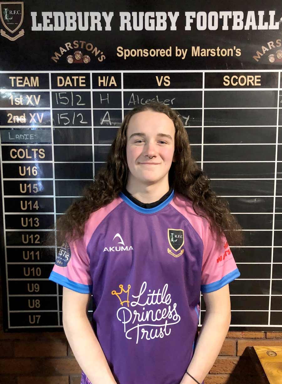 Jay Smith tries out Ledbury Rugby Club's new away kit ahead of his hair cut for The Little Princess Trust.