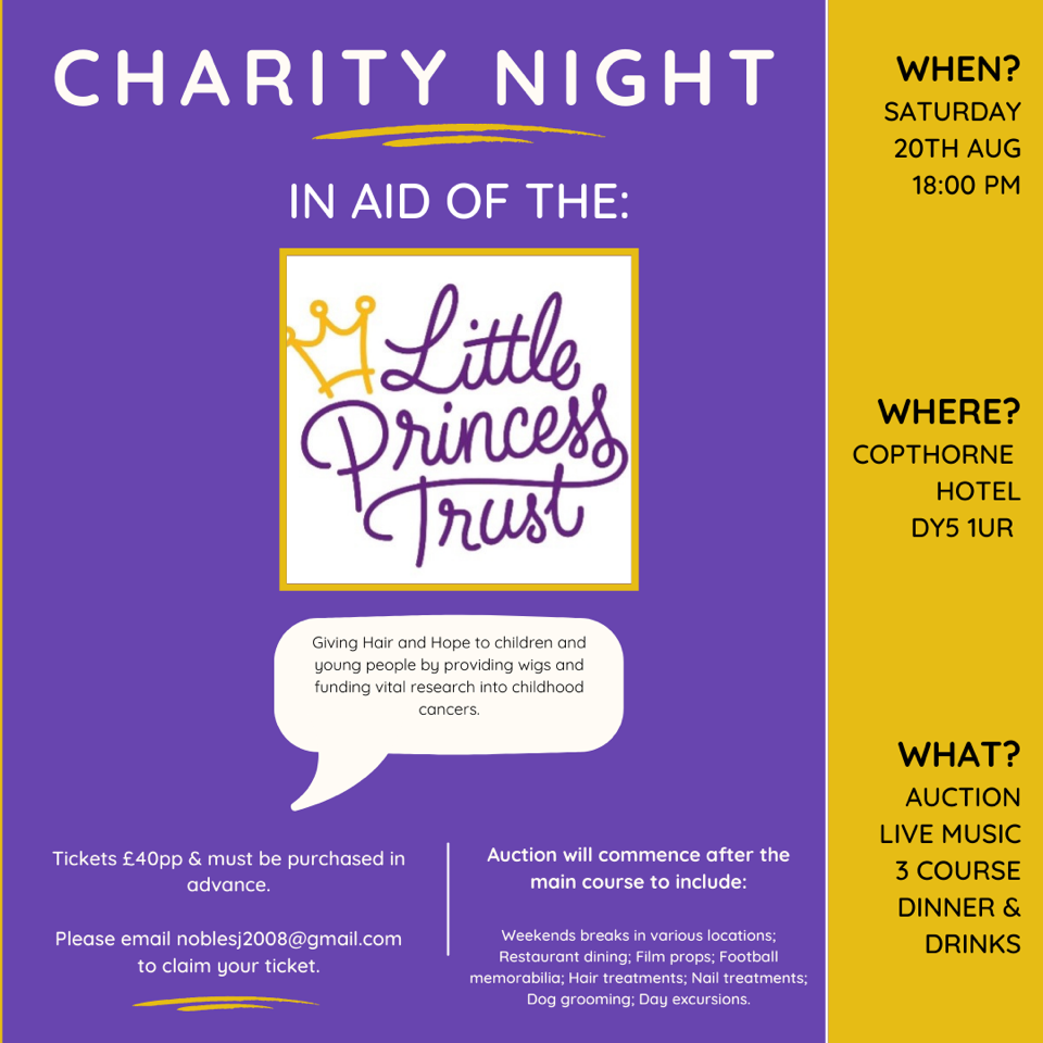 The charity night will raise funds to help The Little Princess Trust's work to support children and young people with cancer.