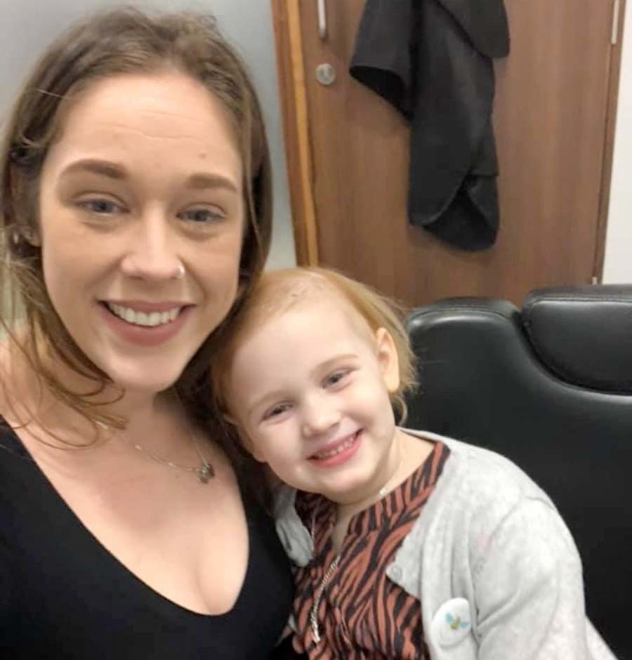 Eden Eyre with her mum Emma O' Grady before the wig fitting.