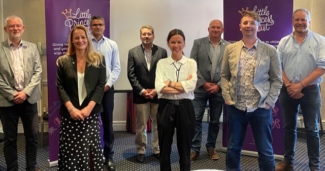 Working to improve our understanding of childhood cancers are (l-r) Professor Steven Clifford, grant awardee, Wendy Tarplee-Morris, LPT Founder, Dr Francis Mussai, LPT scientific advisor, Professor Louis Chesler, grant co-awardee, Dr Alejandra Bruna, grant awardee, Simon Tarplee, LPT's Lead Trustee on Research, Ashley Gamble, CEO of CCLG, and Phil Brace, CEO of The Little Princess Trust.