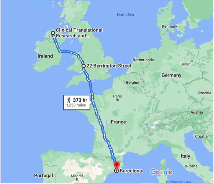 Kyle and his lab will attempt to walk from Northern Ireland to Barcelona in steps 