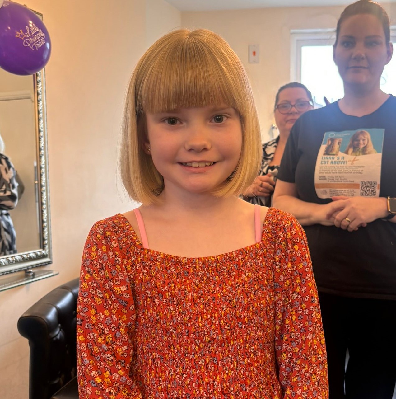 Liara Handley after her haircut on the day that would have been her dad's 40th birthday.