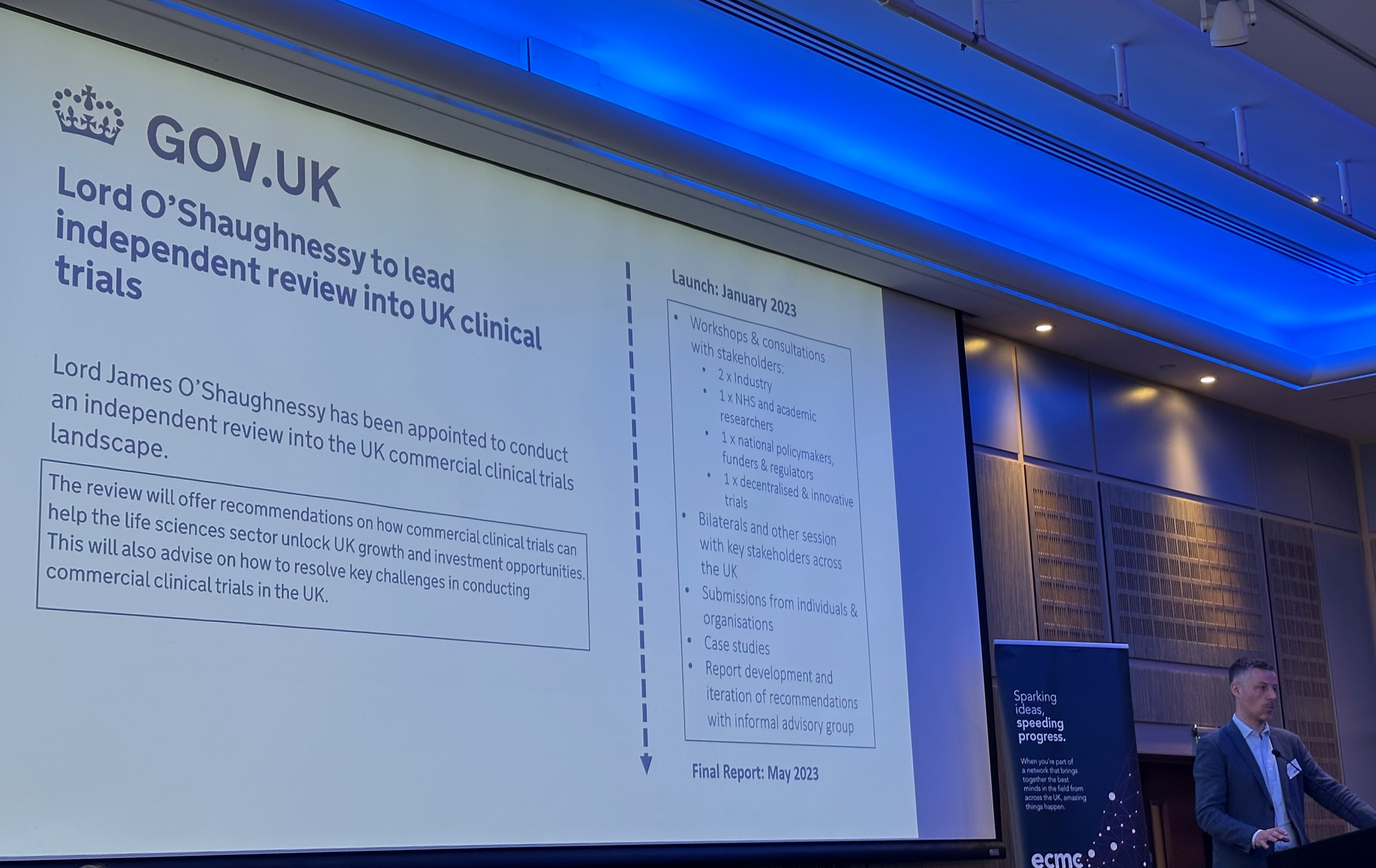 Lord James O’Shaughnessy gives a presentation on his review into the clinical trials landscape in the UK.
