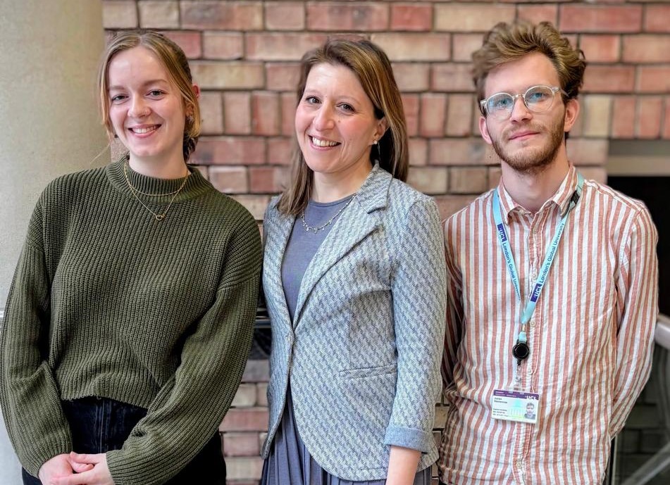 The team at University College London is (l-r) Georgina Wherry, Research Technician, Dr Lucia Cottone, and Justas Stanislovas, PhD Student.