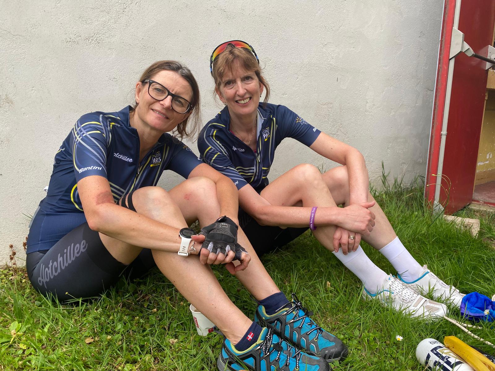 Professor Kearns and Adele Nash, a Supporter Services Assistant at The Little Princess Trust, take a well-earned break during the fundraising ride to France.