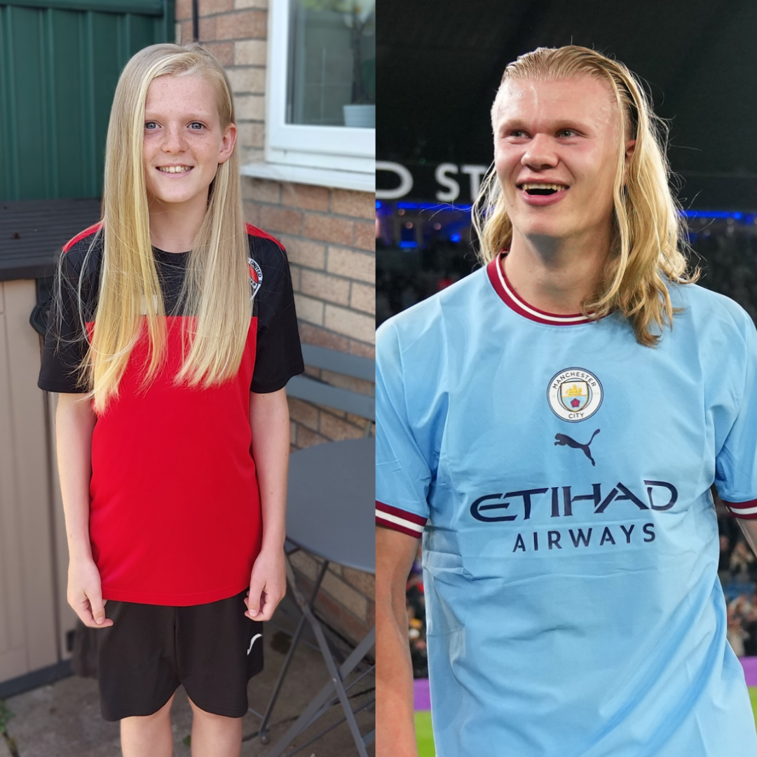 Harley (left) and his footballing idol, Erling Haaland (right).